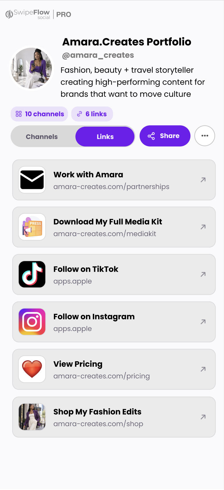 SwipeFlow Pro creator account showing Amara's business links